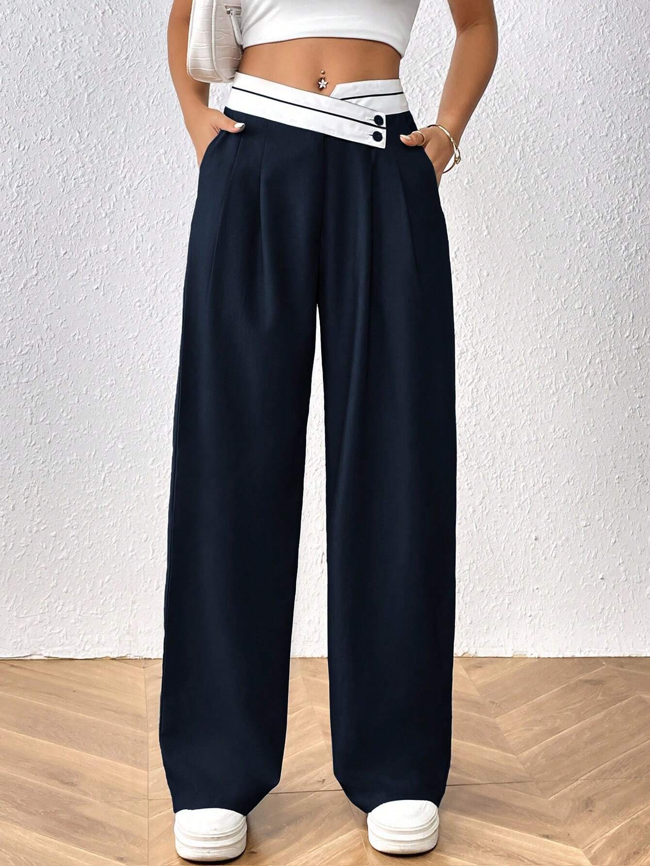 Wide Leg Pants with Waist Band and Button Details