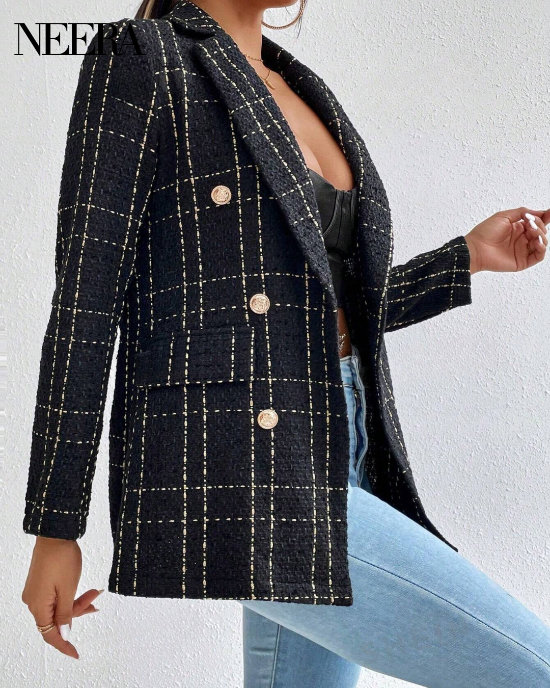 Checked Blazer with Gold Buttons