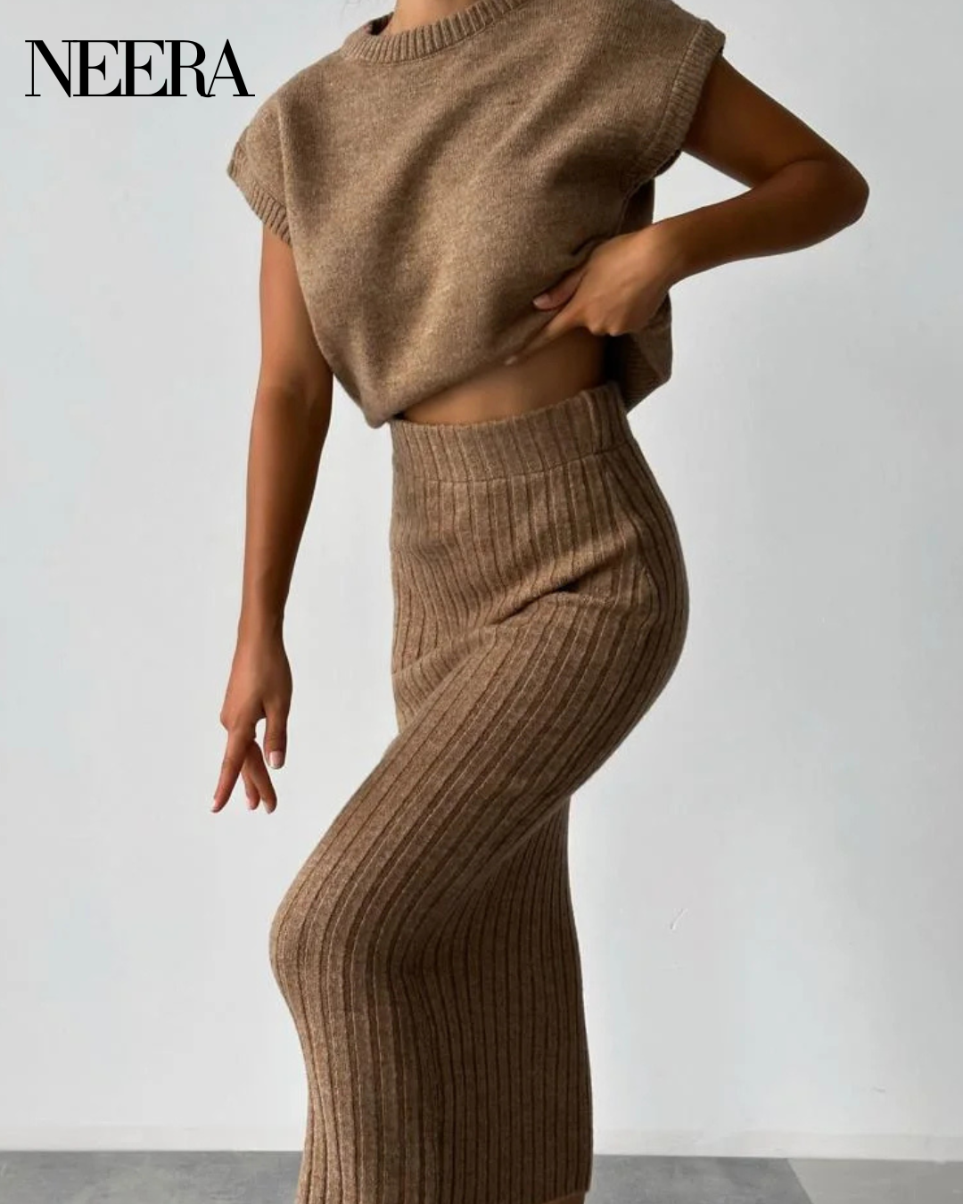 NEERA suit in Sleeveless Brown Jersey and Long Skirt