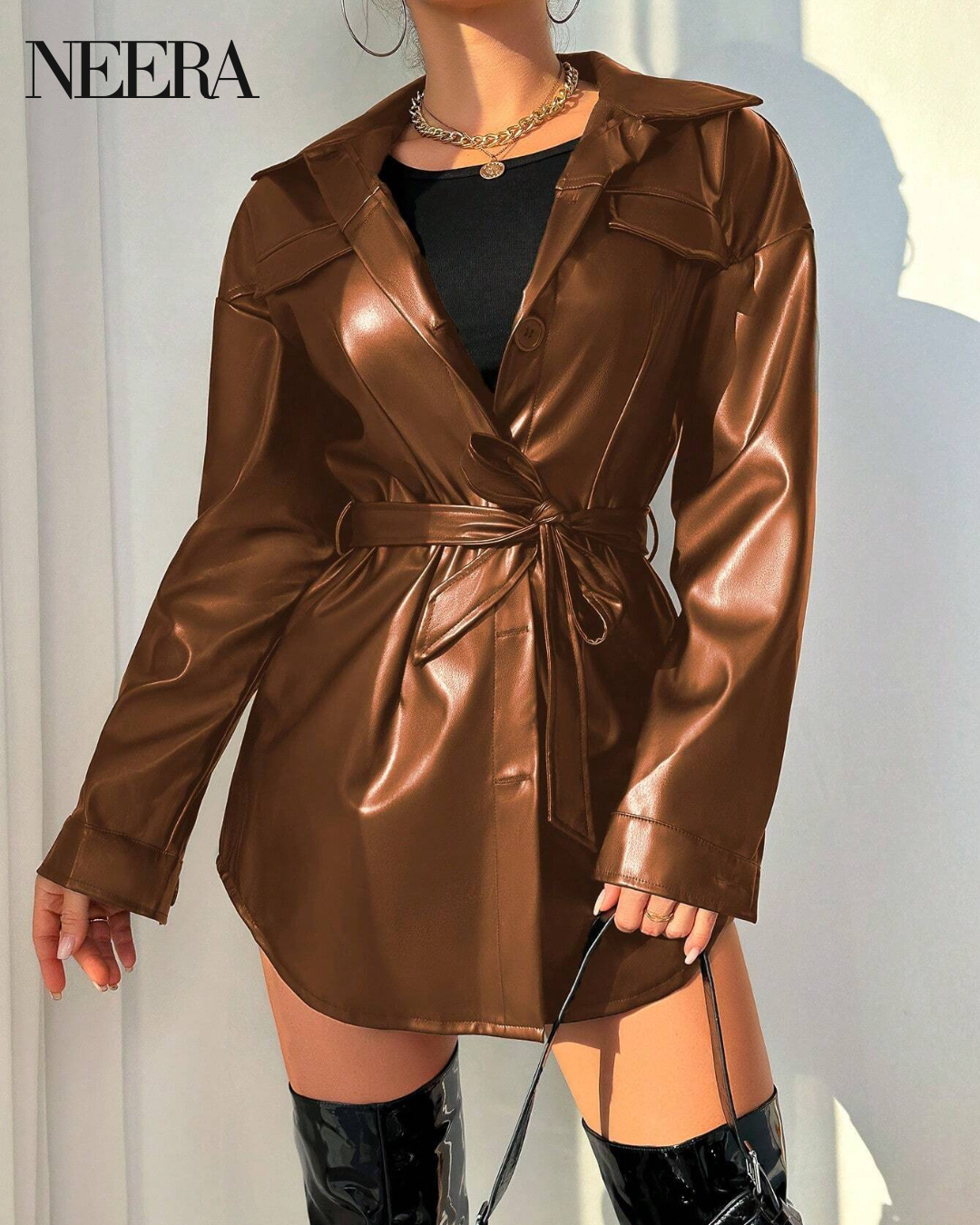 Leather coat with belt and flap detail