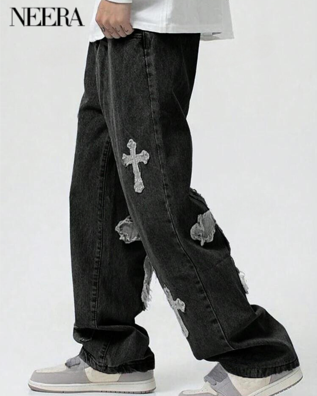 Wide Leg Denim Trousers with Cross Embroidery